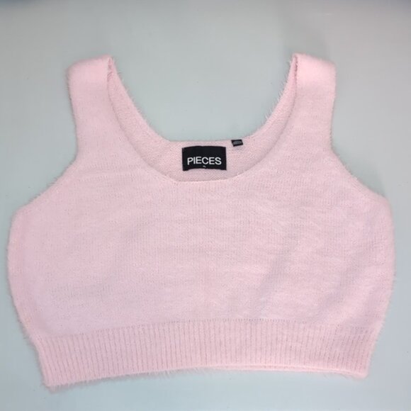 Pieces Pink Fuzzy Knit Crop Top Sleeveless Tank Faux Fur Barbie ASOS Size XL - Picture 8 of 9